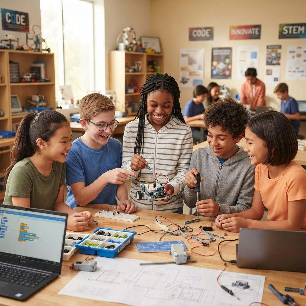 Young students building a robot together at a STEM workshop